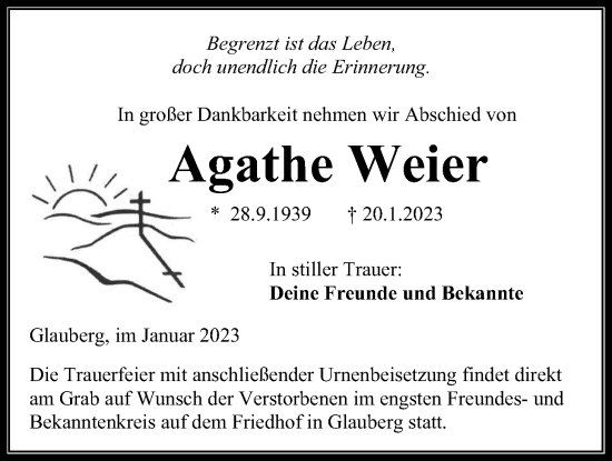 Traueranzeige von Agathe Weier von Kreis-Anzeiger