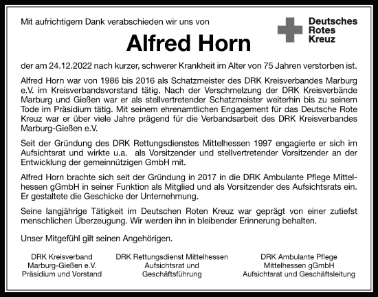 Traueranzeige von Alfred Horn von Giessener Anzeiger, Giessener Allgemeine, Alsfelder Allgemeine