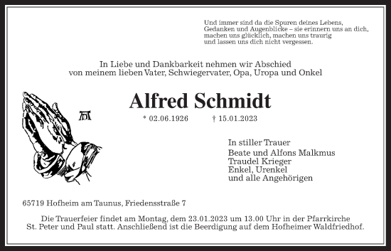 Traueranzeige von Alfred Schmidt 