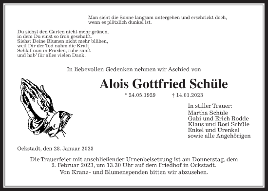 Traueranzeige von Alois Gottfried Schüle von Wetterauer Zeitung