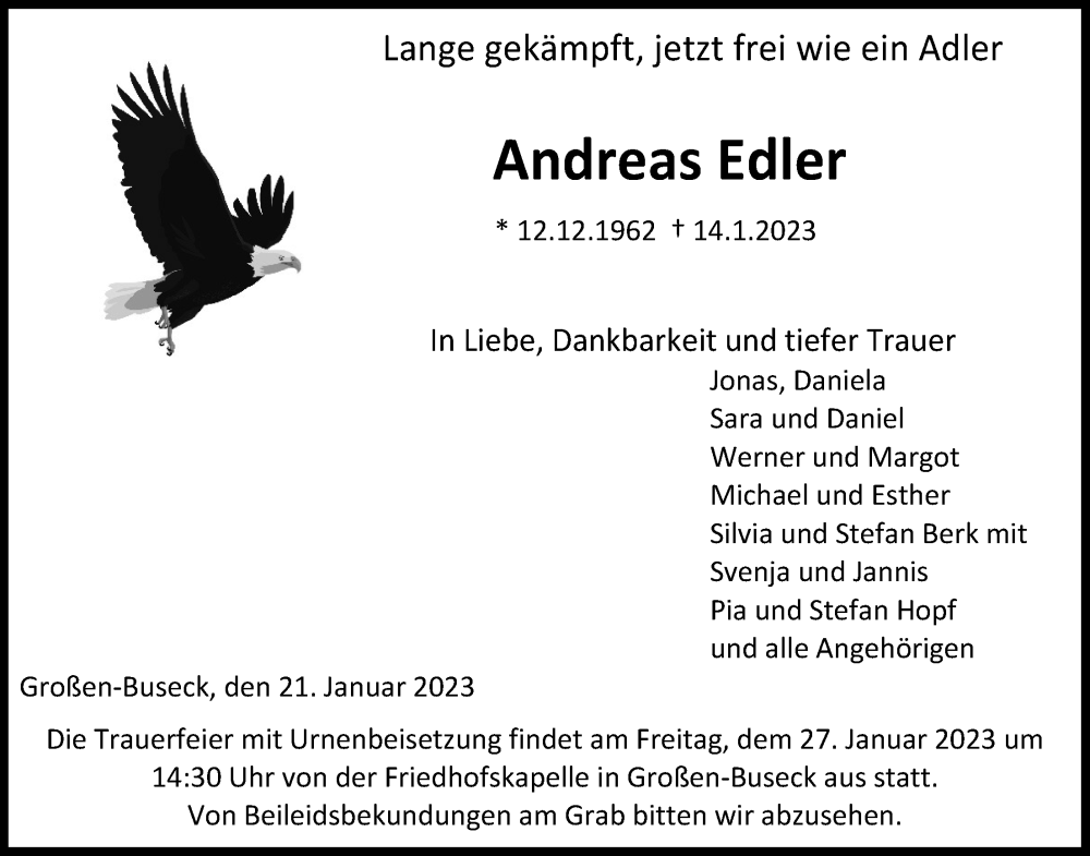 Traueranzeige für Andreas Edler vom 21.01.2023 aus Giessener Allgemeine, Alsfelder Allgemeine