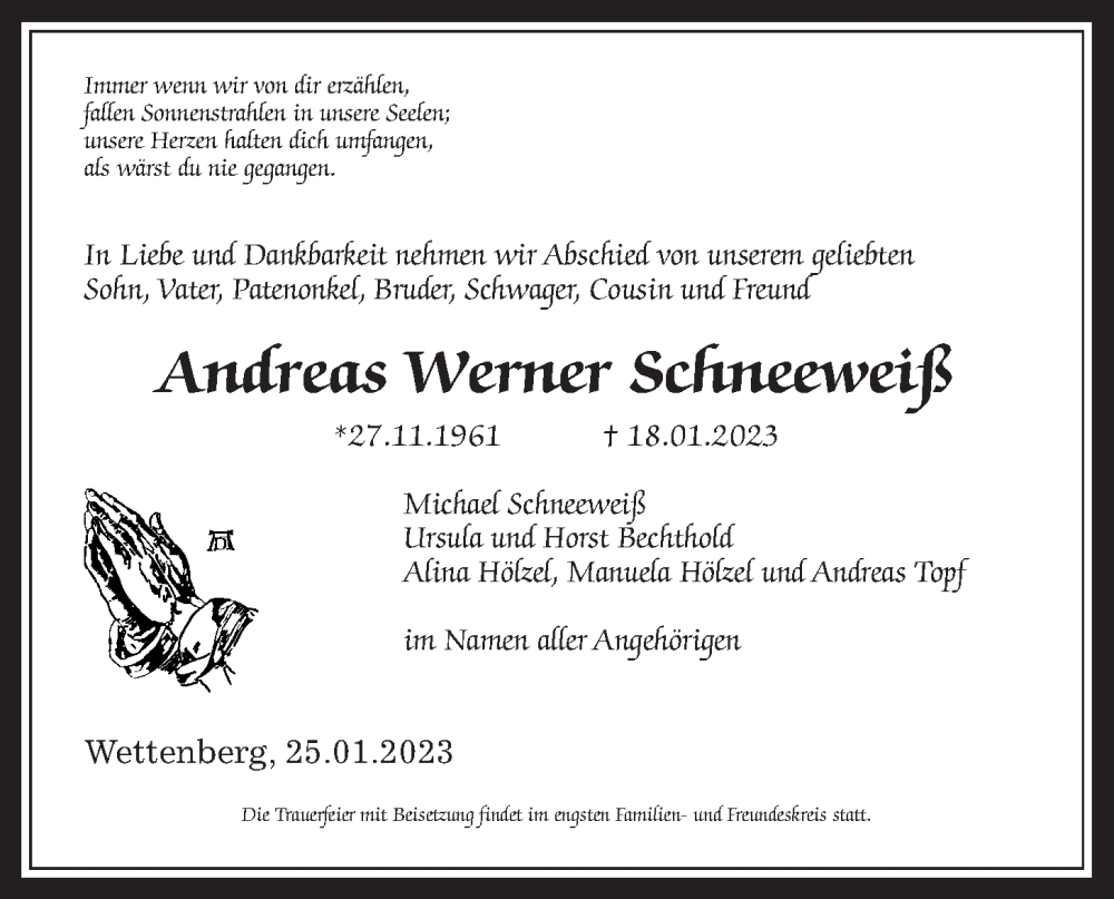  Traueranzeige für Andreas Werner Schneeweiß vom 25.01.2023 aus Giessener Allgemeine, Alsfelder Allgemeine, Wetterauer Zeitung