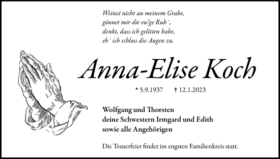 Traueranzeige von Anna-Elise Koch von Licher Wochenblatt