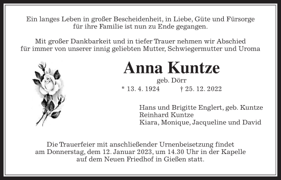 Traueranzeige von Anna Kuntze von Giessener Anzeiger, Giessener Allgemeine, Alsfelder Allgemeine