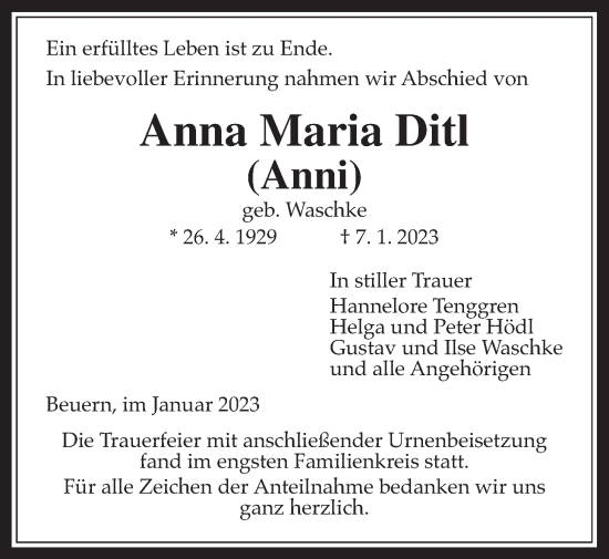 Traueranzeige von Anna Maria Ditl von Giessener Allgemeine, Alsfelder Allgemeine