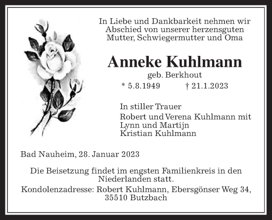 Traueranzeige von Anneke Kuhlmann von Wetterauer Zeitung