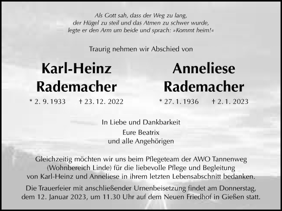 Traueranzeige von Anneliese Rademacher von Giessener Anzeiger, Giessener Allgemeine, Alsfelder Allgemeine