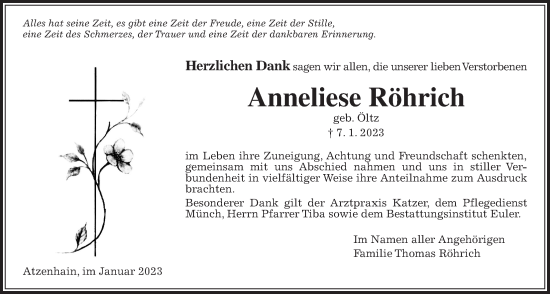 Traueranzeige von Anneliese Röhrich von Giessener Allgemeine, Alsfelder Allgemeine
