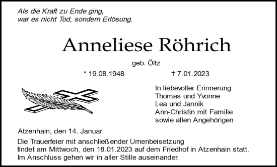 Traueranzeige von Anneliese Röhrich von Alsfelder Allgemeine