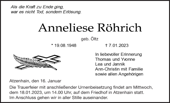 Traueranzeige von Anneliese Röhrich von Giessener Allgemeine, Alsfelder Allgemeine