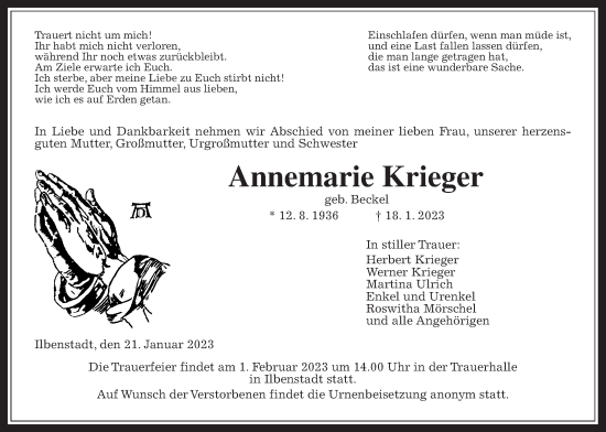 Traueranzeige von Annemarie Krieger von Wetterauer Zeitung