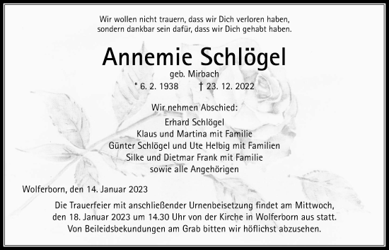 Traueranzeige von Annemie Schlögel von Kreis-Anzeiger