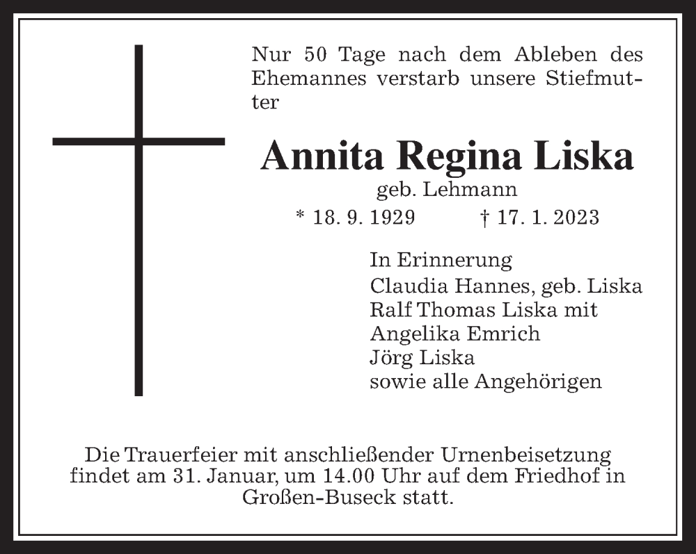  Traueranzeige für Annita Regina Liska vom 21.01.2023 aus Giessener Allgemeine, Alsfelder Allgemeine