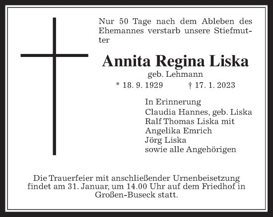 Traueranzeige von Annita Regina Liska von Giessener Allgemeine, Alsfelder Allgemeine
