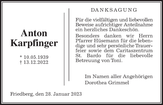 Traueranzeige von Anton Karpfinger von Wetterauer Zeitung