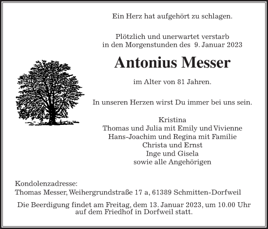 Traueranzeige von Antonius Messer von Usinger Anzeiger