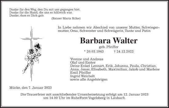 Traueranzeige von Barbara Walter von Giessener Allgemeine, Alsfelder Allgemeine