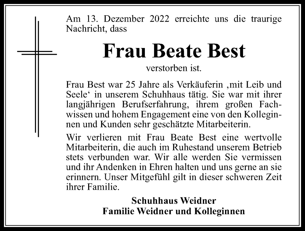  Traueranzeige für Beate Best vom 07.01.2023 aus Usinger Anzeiger