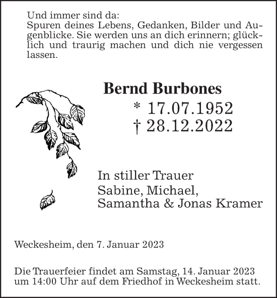 Traueranzeige von Bernd Burbones von Wetterauer Zeitung