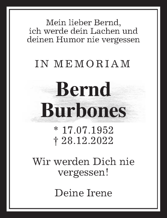 Traueranzeige von Bernd Burbones von Wetterauer Zeitung