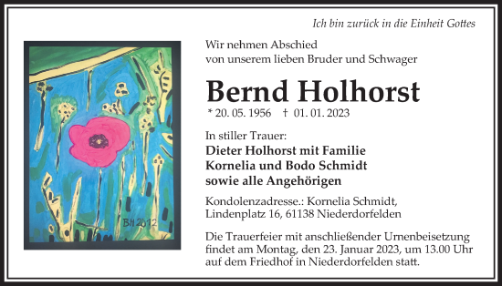 Traueranzeige von Bernd Holhorst von Bad Vilbel/Karben