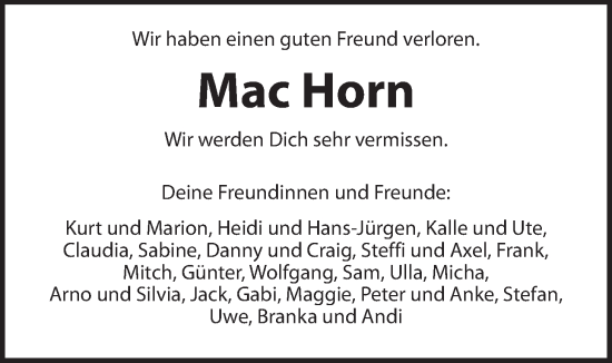 Traueranzeige von Bernhard Horn von Giessener Allgemeine, Alsfelder Allgemeine