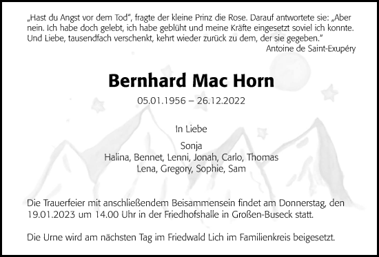 Traueranzeige von Bernhard Mac Horn von Giessener Allgemeine, Alsfelder Allgemeine