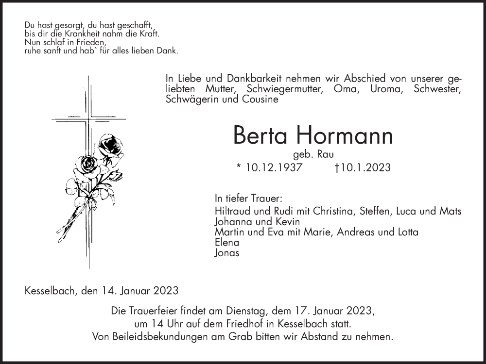  Traueranzeige für Berta Hormann vom 14.01.2023 aus Giessener Allgemeine, Alsfelder Allgemeine, Giessener Anzeiger