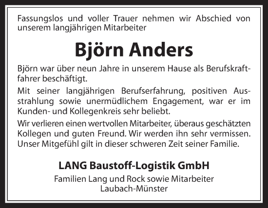 Traueranzeige von Björn Anders von Giessener Allgemeine, Alsfelder Allgemeine