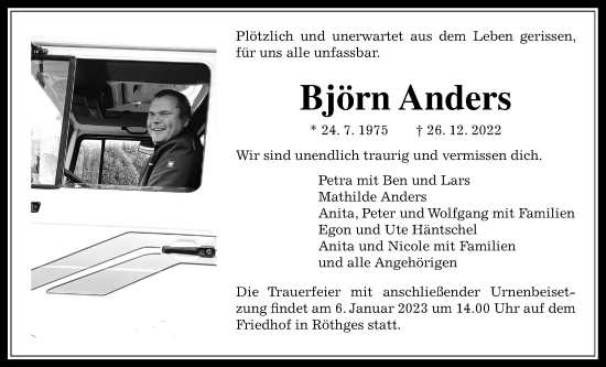 Traueranzeige von Björn Anders von Giessener Allgemeine, Alsfelder Allgemeine, Laubacher Anzeiger