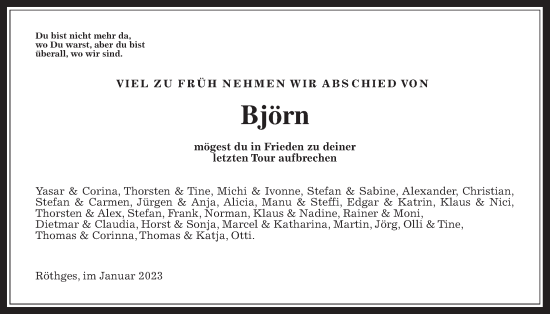 Traueranzeige von Björn Anders von Giessener Allgemeine, Alsfelder Allgemeine, Laubacher Anzeiger