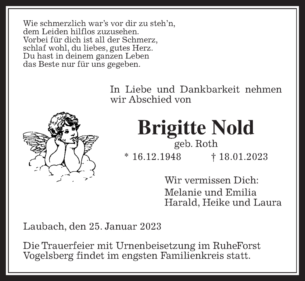  Traueranzeige für Brigitte Nold vom 25.01.2023 aus Laubacher Anzeiger
