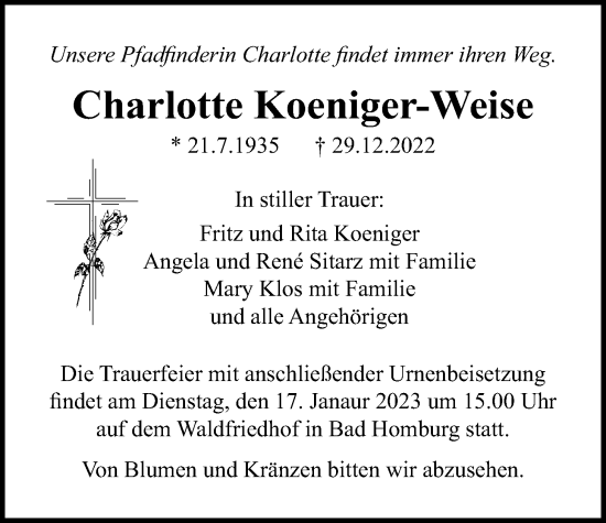 Traueranzeige von Charlotte Koeniger-Weise von Licher Wochenblatt, Licher Wochenblatt