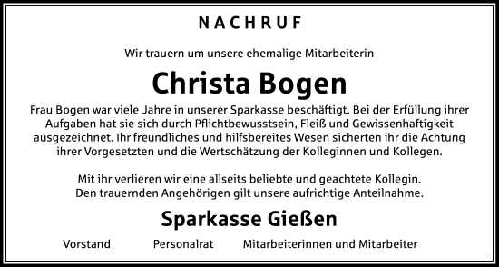 Traueranzeige von Christa Bogen von Giessener Allgemeine, Alsfelder Allgemeine, Giessener Anzeiger