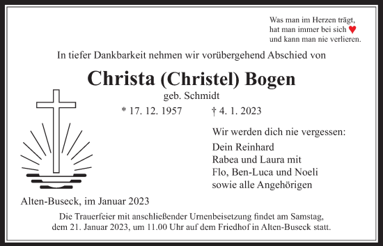 Traueranzeige von Christa Bogen von Giessener Allgemeine, Alsfelder Allgemeine, Giessener Anzeiger