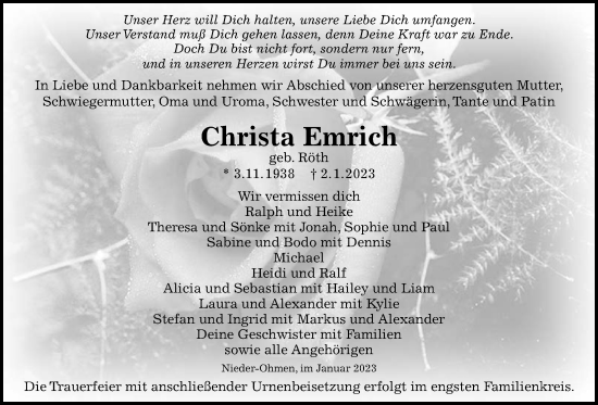 Traueranzeige von Christa Emrich von Alsfelder Allgemeine, Mücker Stimme, Mücker Stimme