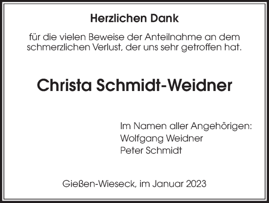 Traueranzeige von Christa Schmidt-Weidner von Giessener Anzeiger, Giessener Allgemeine, Alsfelder Allgemeine