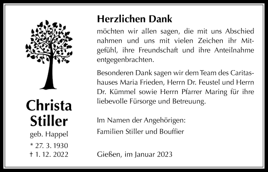 Traueranzeige von Christa Stiller von Giessener Allgemeine, Alsfelder Allgemeine, Giessener Anzeiger