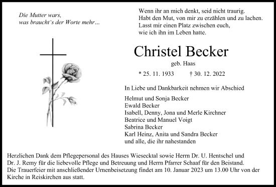 Traueranzeige von Christel Becker von Giessener Anzeiger