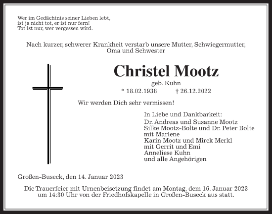 Traueranzeige von Christel Mootz von Giessener Allgemeine, Alsfelder Allgemeine, Giessener Anzeiger
