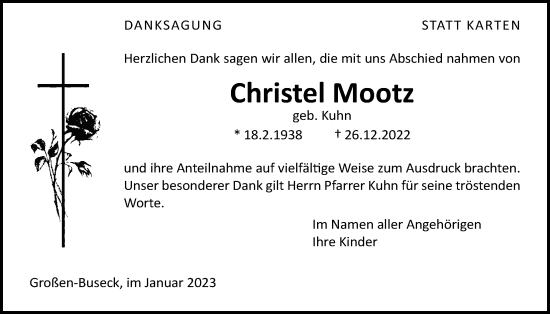 Traueranzeige von Christel Mootz von Giessener Anzeiger, Giessener Allgemeine, Alsfelder Allgemeine