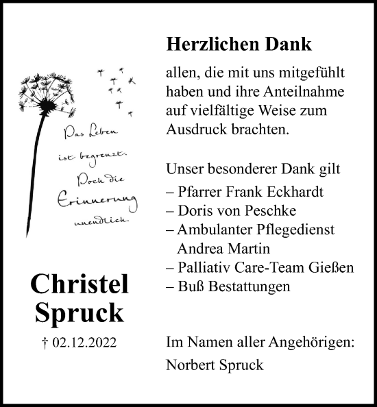 Traueranzeige von Christel Spruck von Kreis-Anzeiger