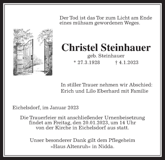 Traueranzeige von Christel Steinhauer von Kreis-Anzeiger