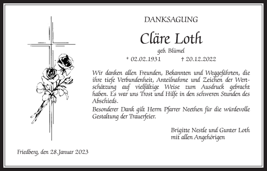 Traueranzeige von Cläre Loth von Wetterauer Zeitung