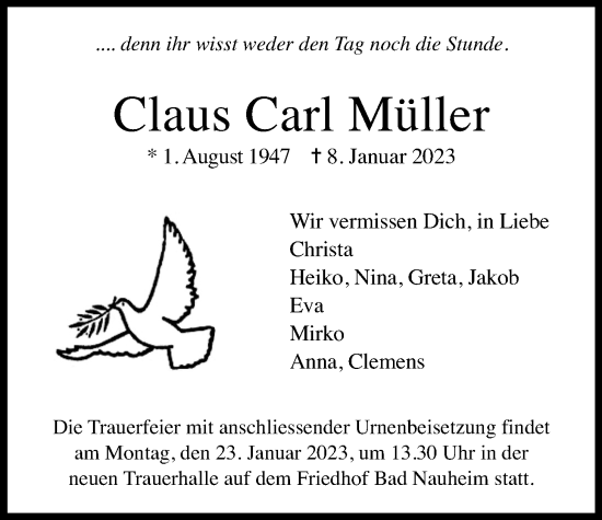 Traueranzeige von Claus Carl Müller von Wetterauer Zeitung