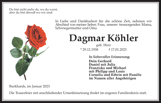 Traueranzeige von Dagmar Köhler von Kreis-Anzeiger