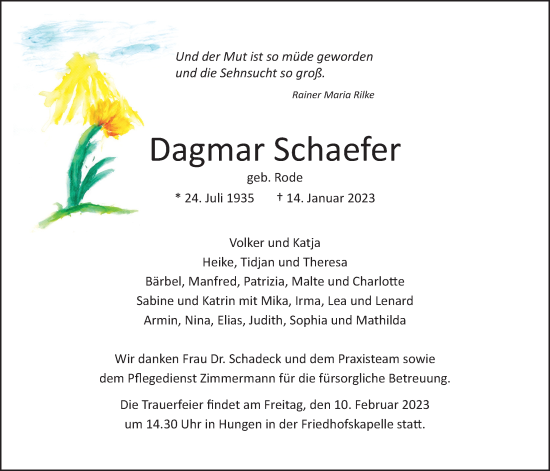 Traueranzeige von Dagmar Schaefer von Licher Wochenblatt