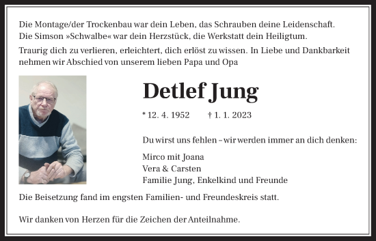 Traueranzeige von Detlef Jung von Laubacher Anzeiger