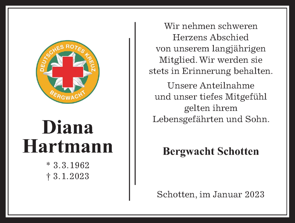  Traueranzeige für Diana Hartmann vom 21.01.2023 aus Kreis-Anzeiger