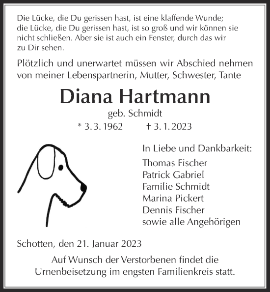 Traueranzeige von Diana Hartmann von Kreis-Anzeiger